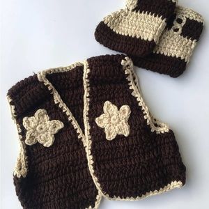 Kids Crochet Vest and Beanie Set - Brown & Cream